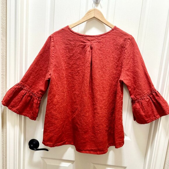 Bryn Walker Women's 100% Linen Tunic Top  Size S Red Ruffle Sleeves Hi Low Boho - Picture 12 of 13